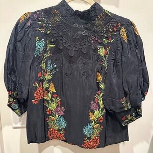 Farm Rio Floral Embroidered Black Blouse